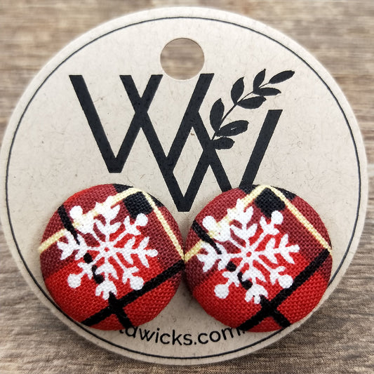 Wildears Fabric Covered Button Earrings Christmas Plaid 2 19mm