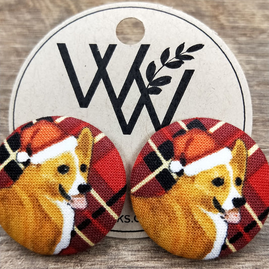Wildears Fabric Covered Button Earrings Christmas Dogs 7 27mm