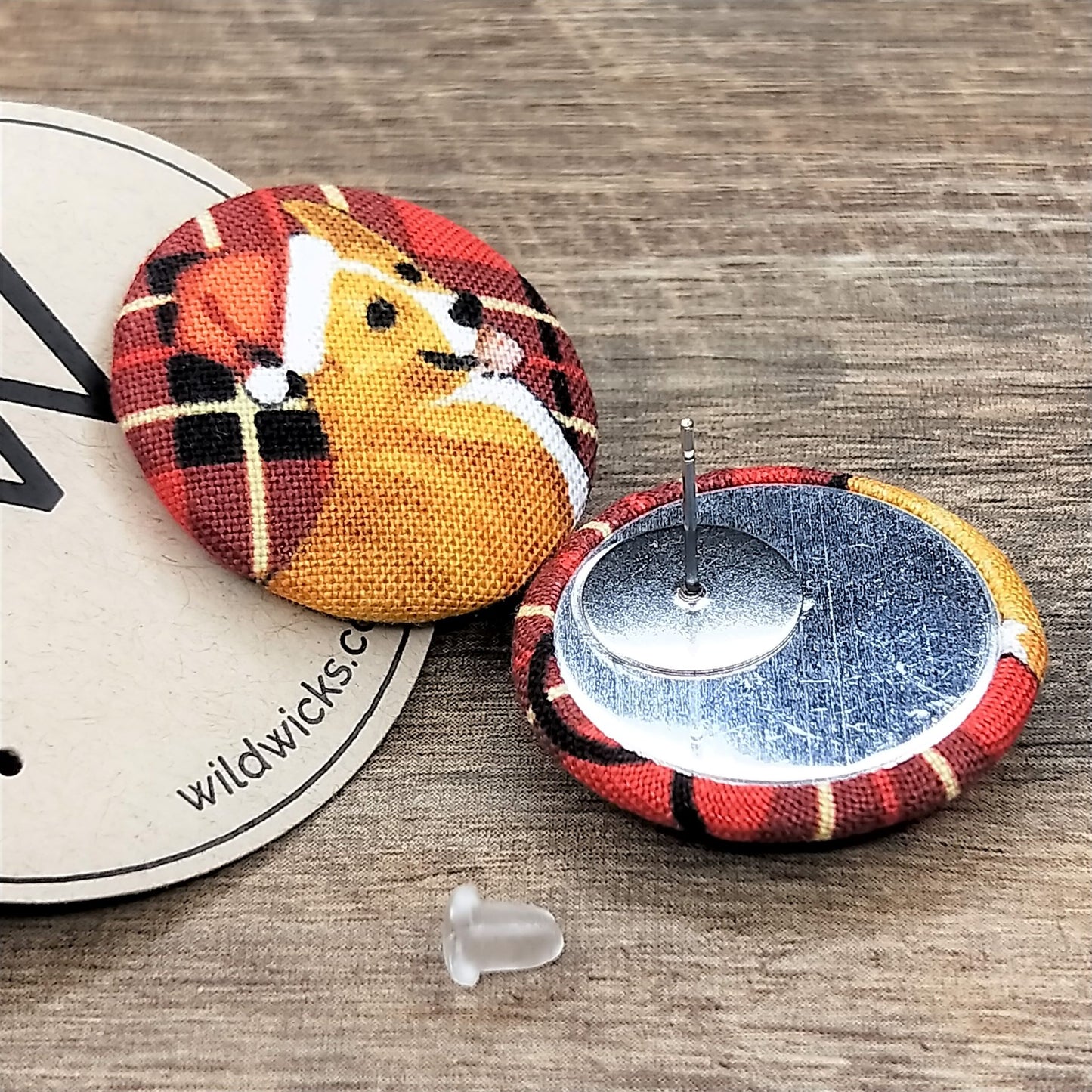 Wildears Fabric Covered Button Earrings Christmas Dogs 7 27mm