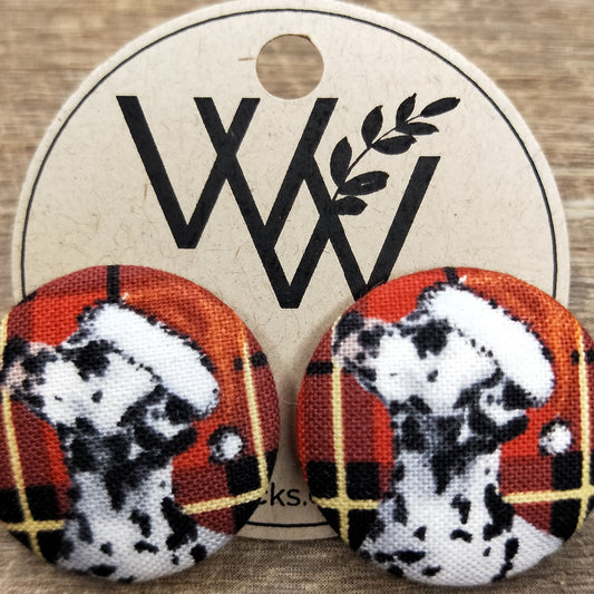 Wildears Fabric Covered Button Earrings Christmas Dogs 8 27mm