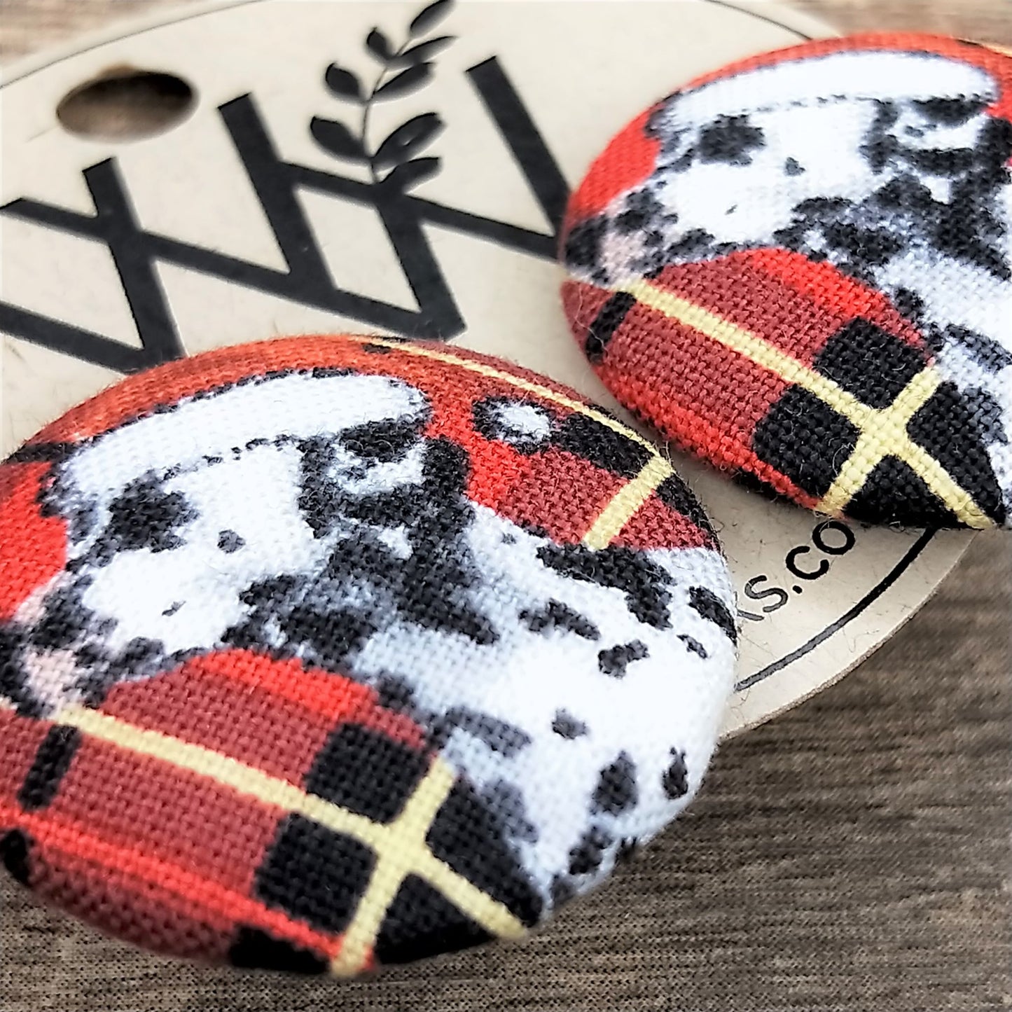Wildears Fabric Covered Button Earrings Christmas Dogs 8 27mm