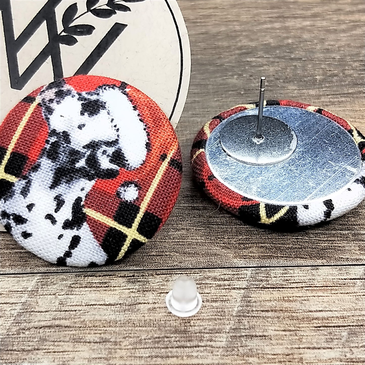 Wildears Fabric Covered Button Earrings Christmas Dogs 8 27mm