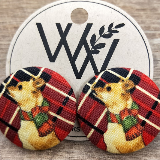 Wildears Fabric Covered Button Earrings Christmas Dogs 6 27mm