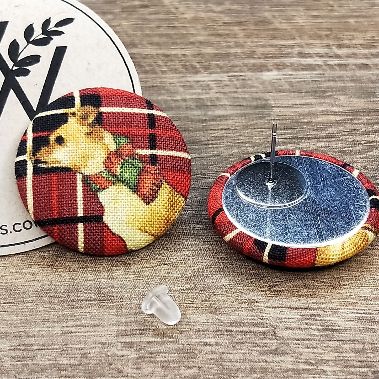 Wildears Fabric Covered Button Earrings Christmas Dogs 6 27mm
