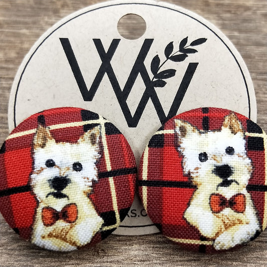 Wildears Fabric Covered Button Earrings Christmas Dogs 4 27mm
