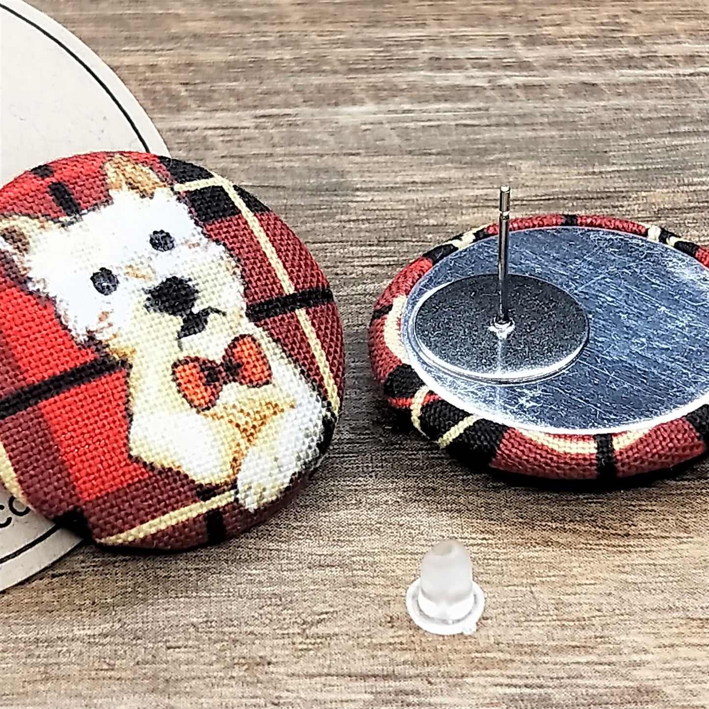 Wildears Fabric Covered Button Earrings Christmas Dogs 4 27mm