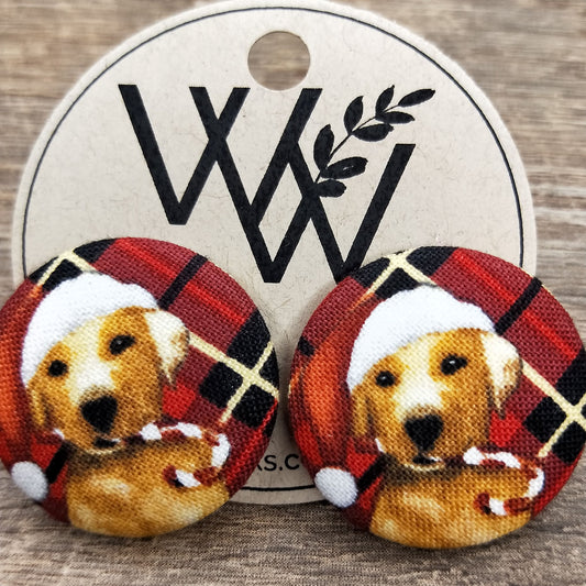 Wildears Fabric Covered Button Earrings Christmas Dogs 3 27mm