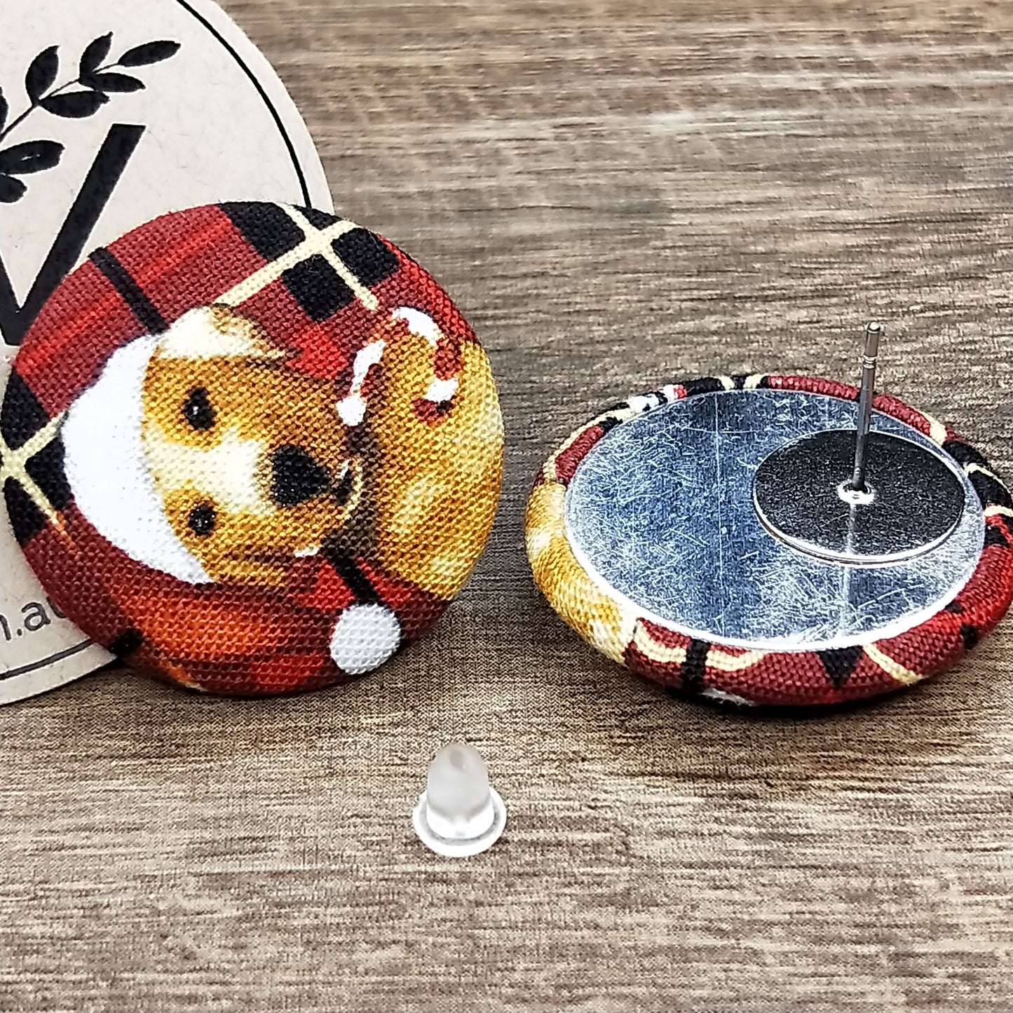 Wildears Fabric Covered Button Earrings Christmas Dogs 3 27mm