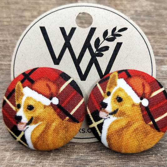 Wildears Fabric Covered Button Earrings Christmas Dogs 1 27mm
