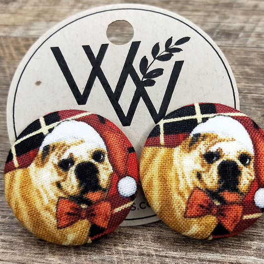 Wildears Fabric Covered Button Earrings Christmas Dogs 2 27mm