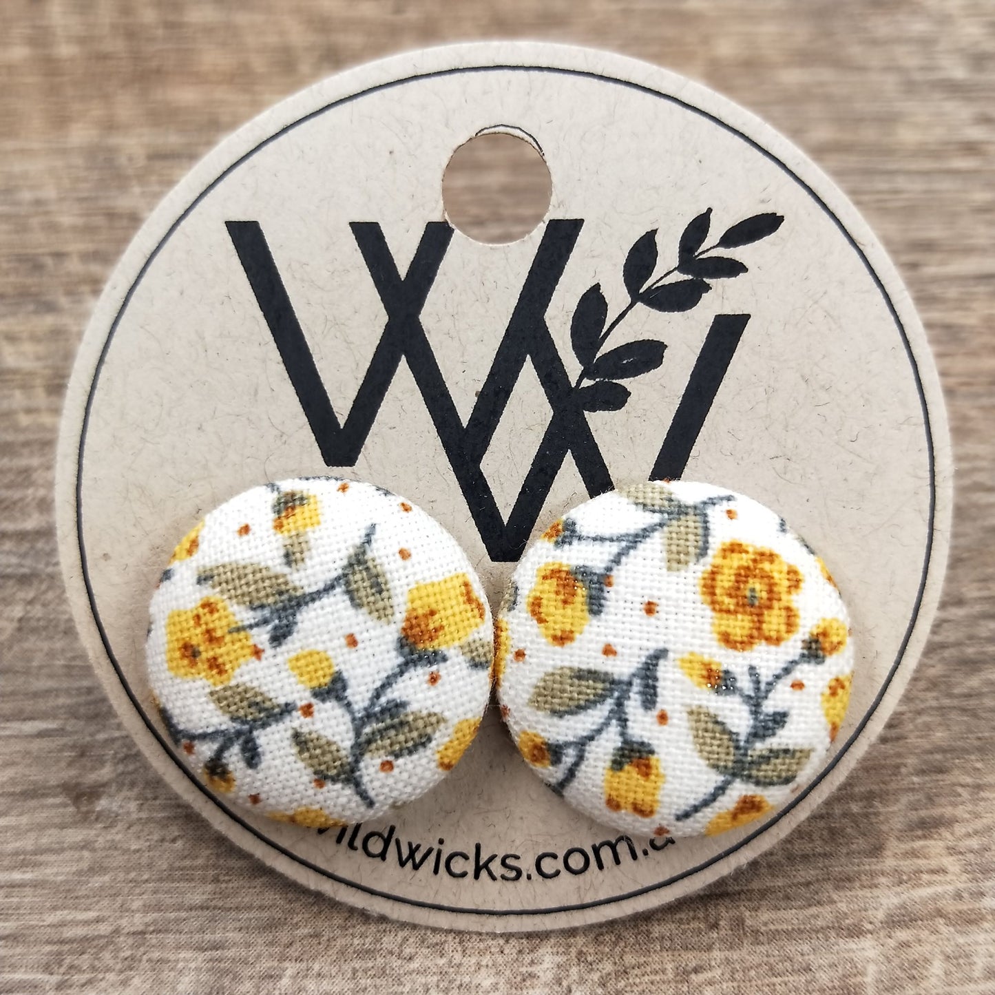 Wildears Fabric Covered Button Earrings Tiny Yellow Floral 19mm