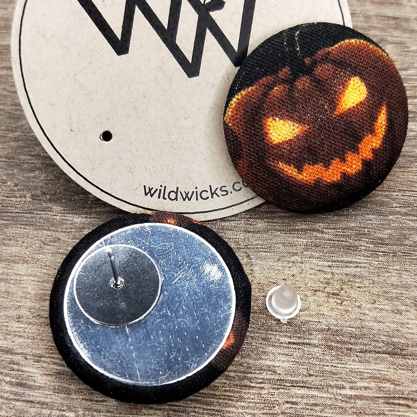 Wildears Fabric Covered Button Earrings Pumpkin Head 27mm