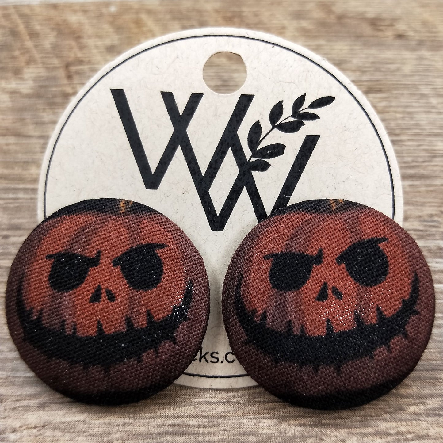 Wildears Fabric Covered Button Earrings Pumpkin Head 27mm