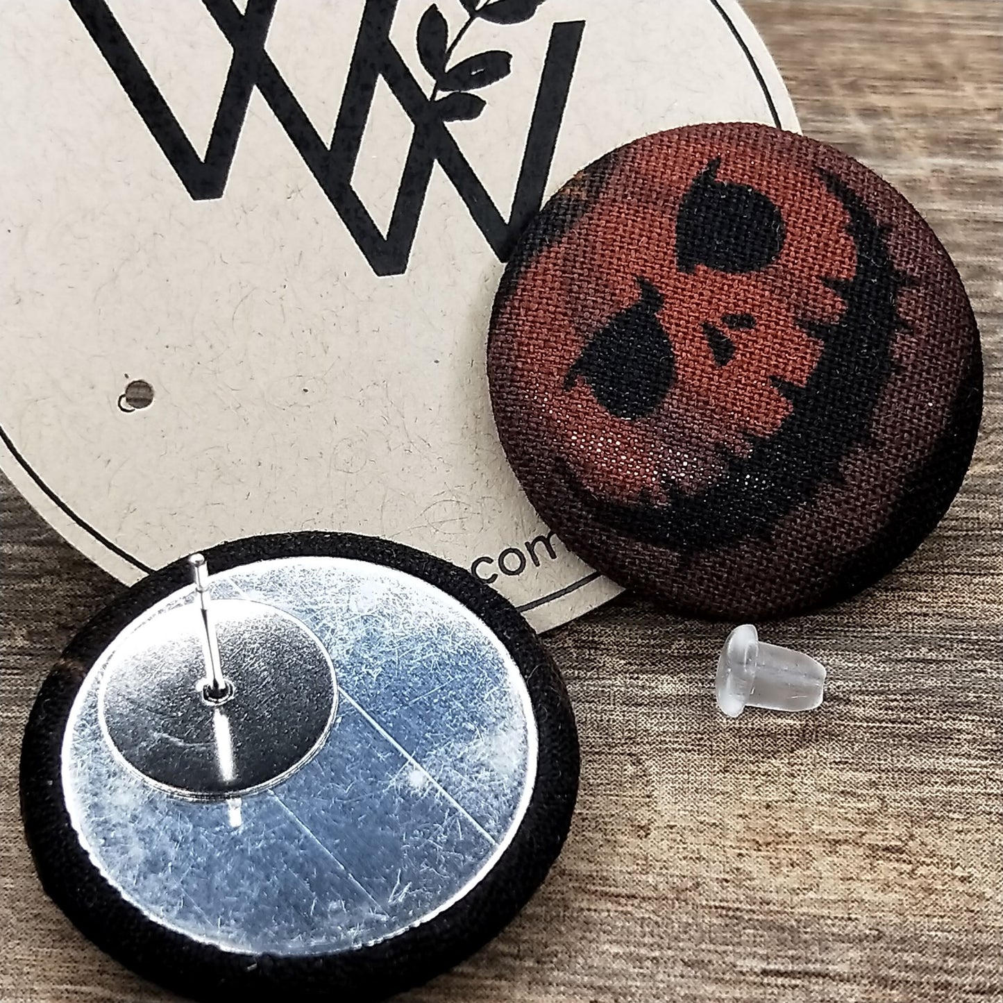 Wildears Fabric Covered Button Earrings Pumpkin Head 27mm