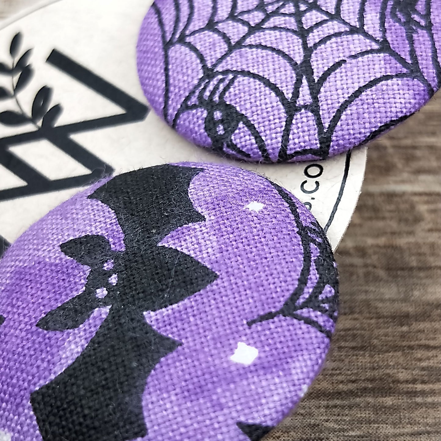 Wildears Fabric Covered Button Earrings Halloween Purple Bats and Spiders 27mm
