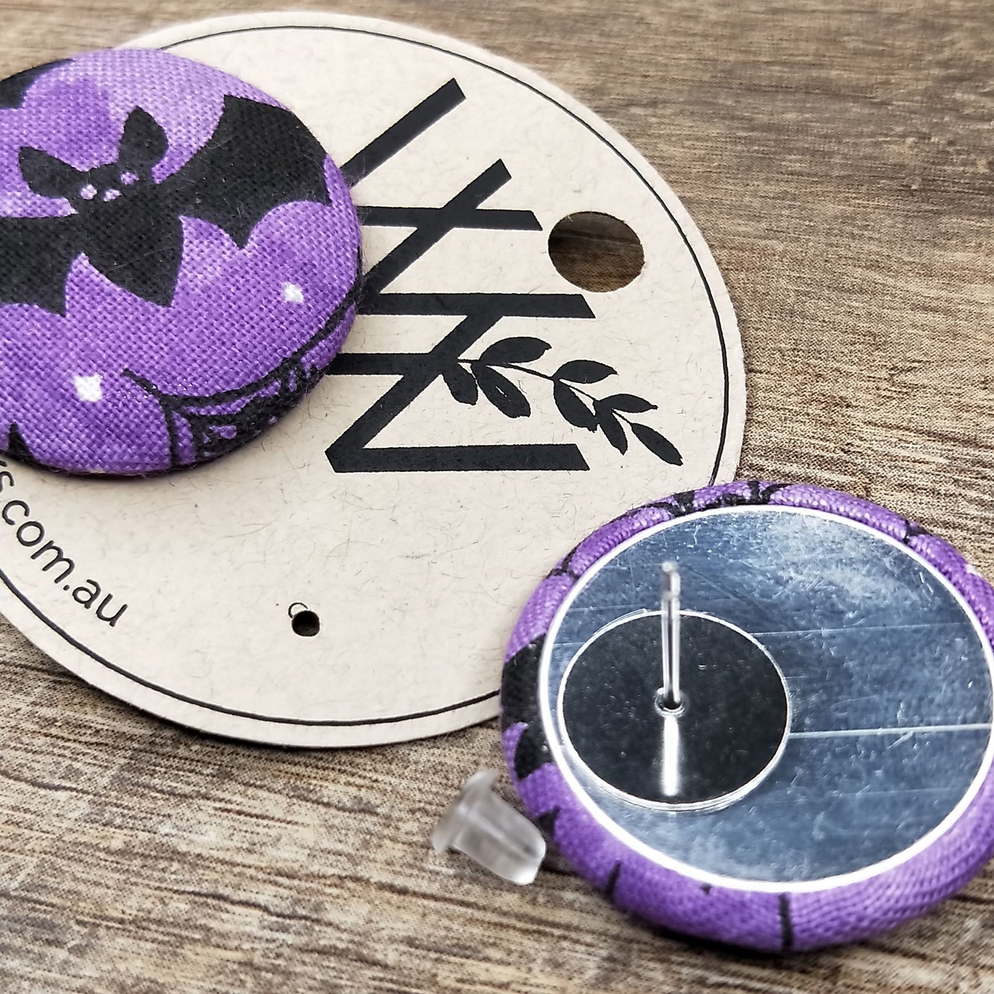 Wildears Fabric Covered Button Earrings Halloween Purple Bats and Spiders 27mm