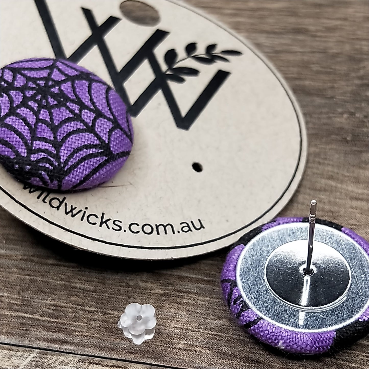 Wildears Fabric Covered Button Earrings Halloween Purple Bats and Spiders 19mm