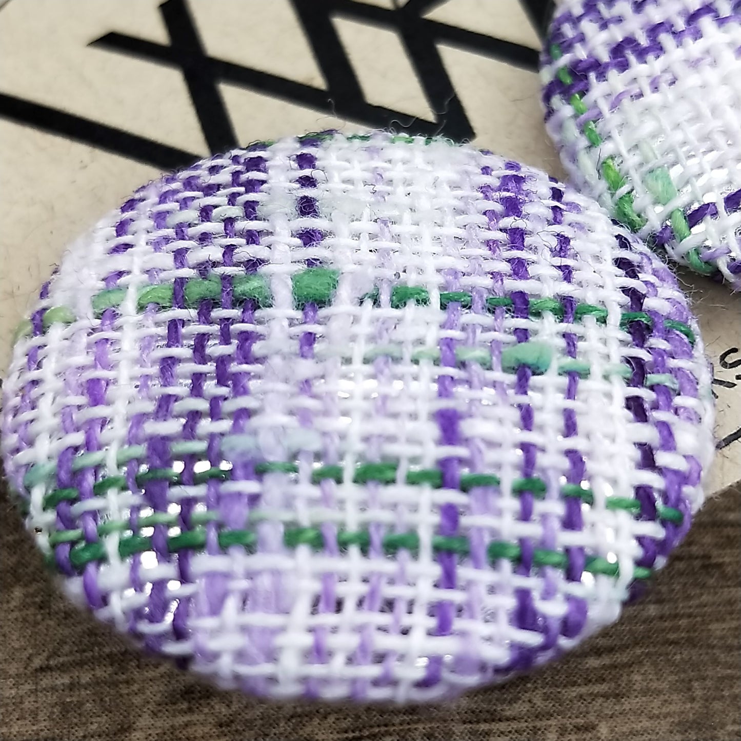 Wildears Fabric Covered Button Earrings Purple and Green Weave 27mm