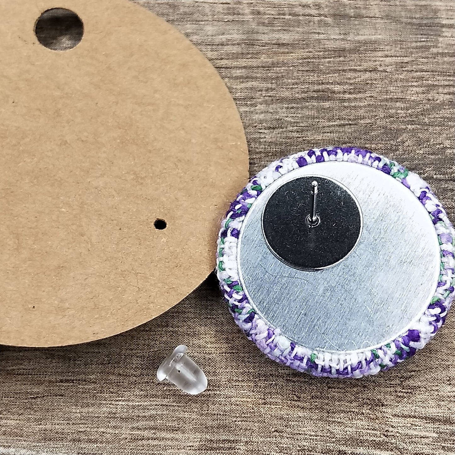 Wildears Fabric Covered Button Earrings Purple and Green Weave 27mm