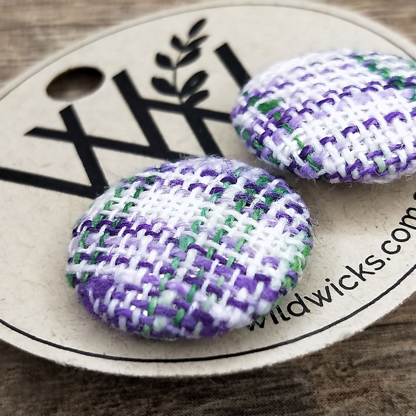 Wildears Fabric Covered Button Earrings Purple and Green Weave 19mm