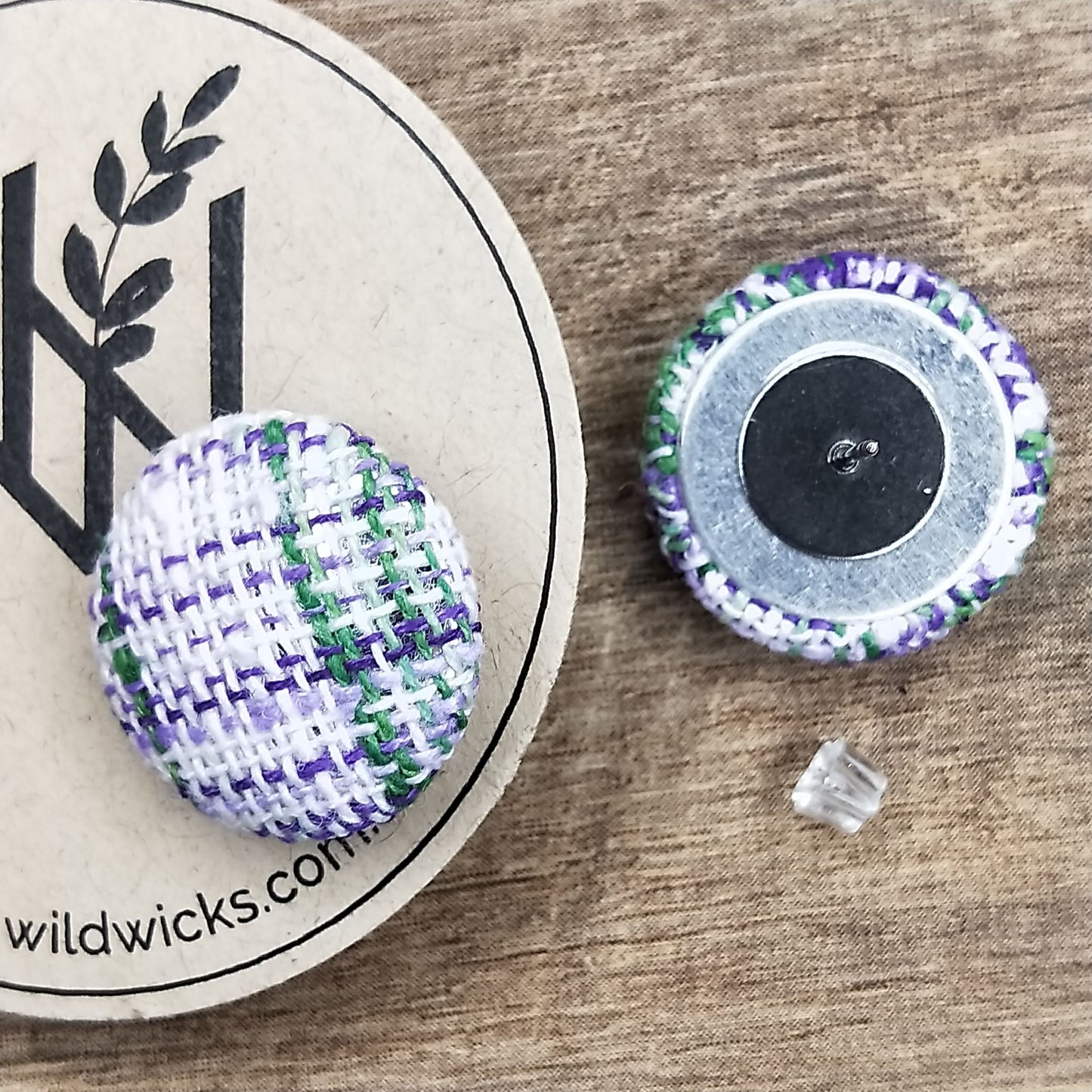 Wildears Fabric Covered Button Earrings Purple and Green Weave 19mm