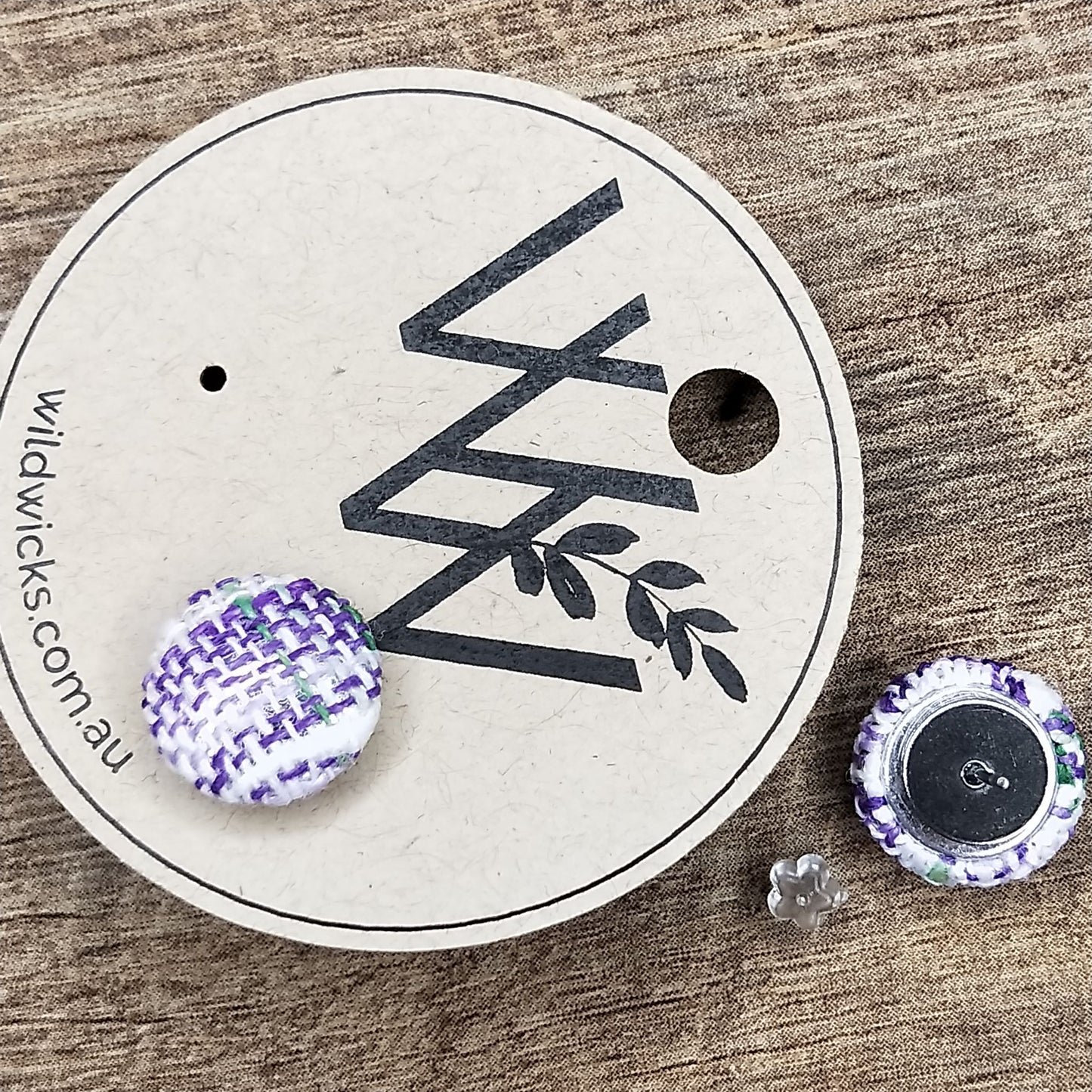 Wildears Fabric Covered Button Earrings Purple and Green Weave 12mm
