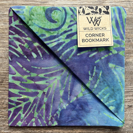 Fabric Corner Bookmark - Green Peacock Feather