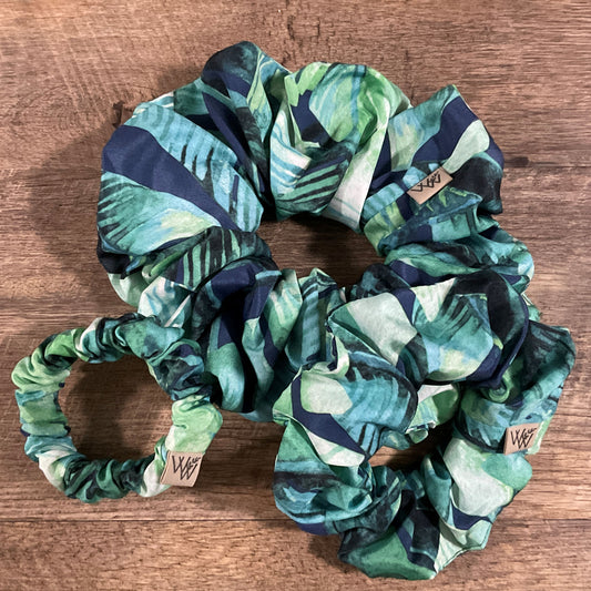 Scrunchies - Navy & Green Tropical Leaves