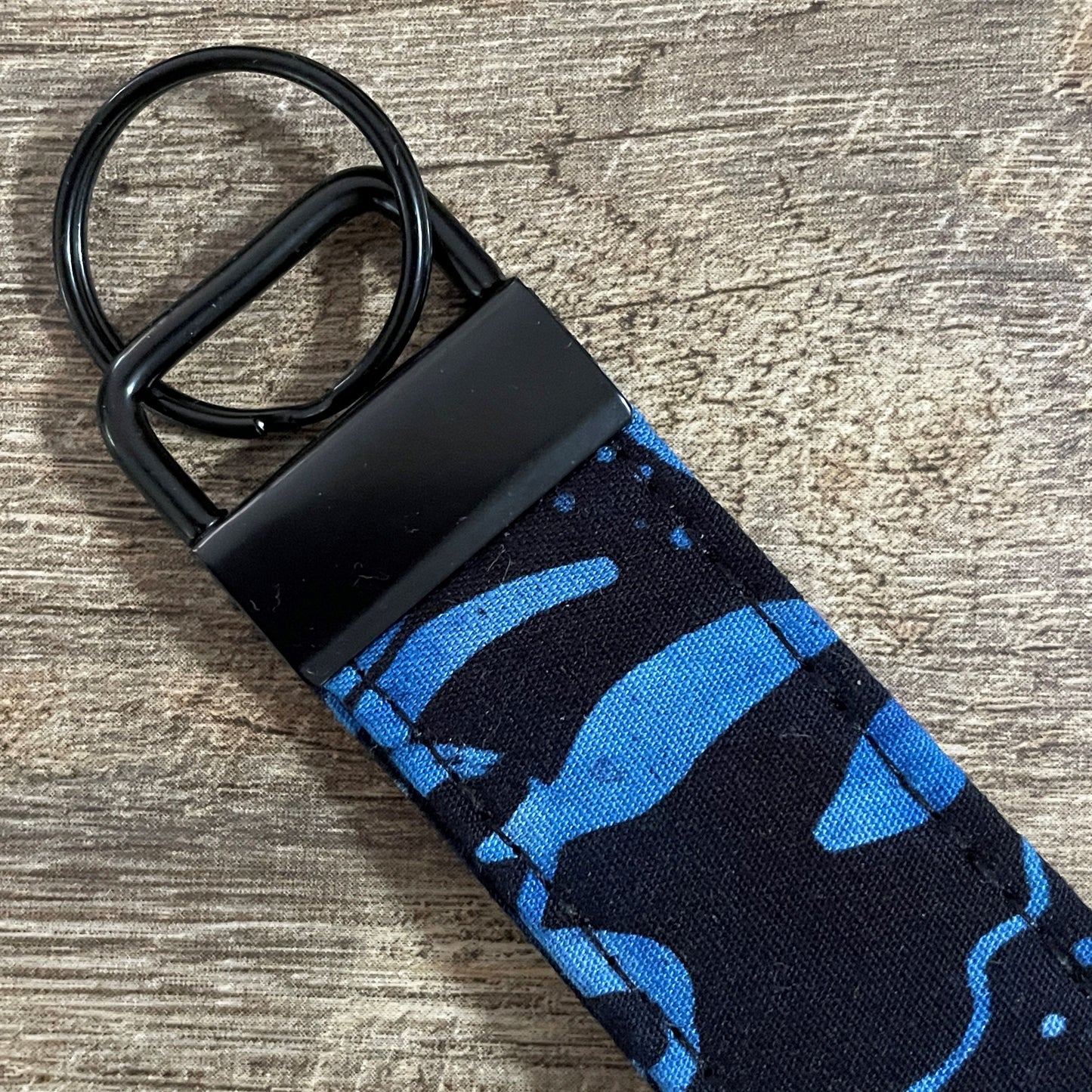 Fabric Fob Keychain - Black Blue Flower