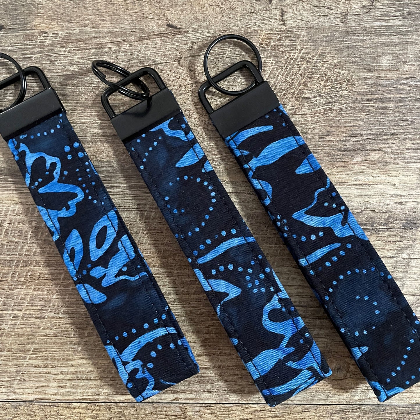 Fabric Fob Keychain - Black Blue Flower