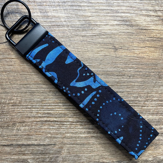 Fabric Fob Keychain - Black Blue Flower