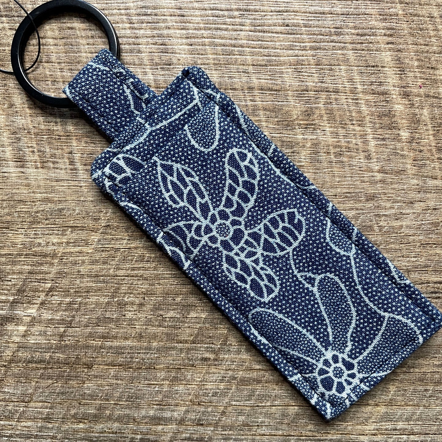 Lip Balm Holder Keyring - White & Navy Floral Abstract