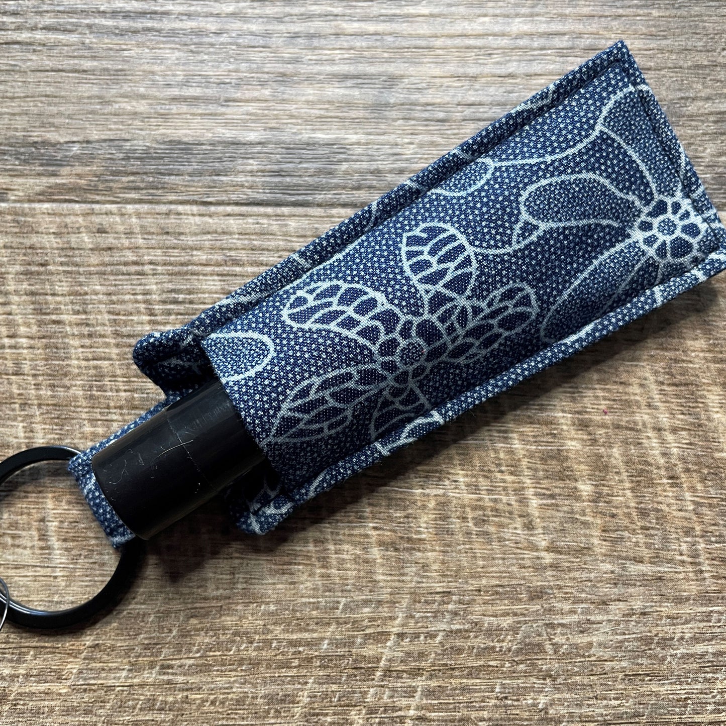 Lip Balm Holder Keyring - White & Navy Floral Abstract