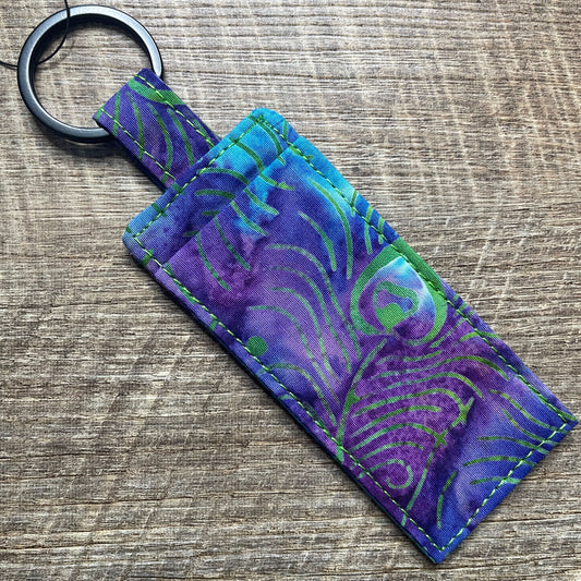 Lip Balm Holder Keyring - Green Peacock Feather