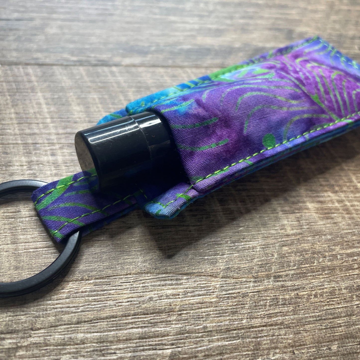 Lip Balm Holder Keyring - Green Peacock Feather