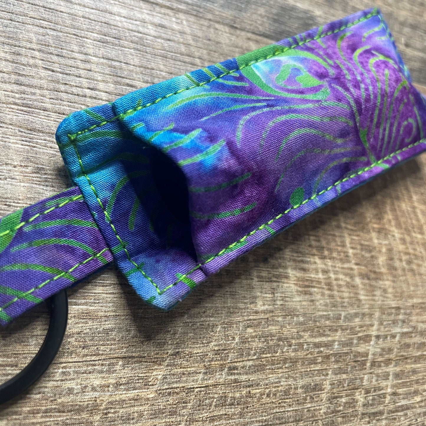 Lip Balm Holder Keyring - Green Peacock Feather