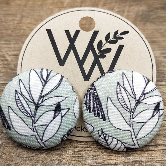 Wildears Fabric Covered Button Earrings Leaves 27mm