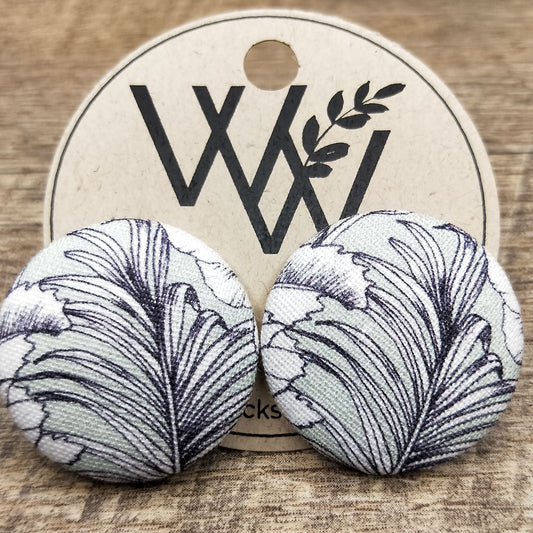 Wildears Fabric Covered Button Earrings Palm Leaf 27mm