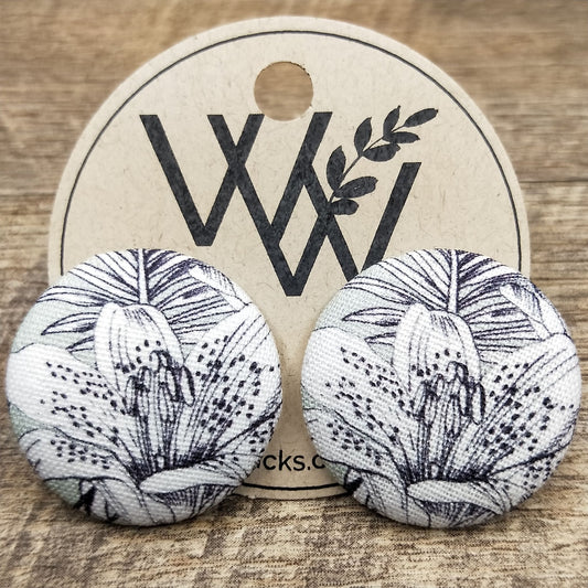 Wildears Fabric Covered Button Earrings Lily 27mm