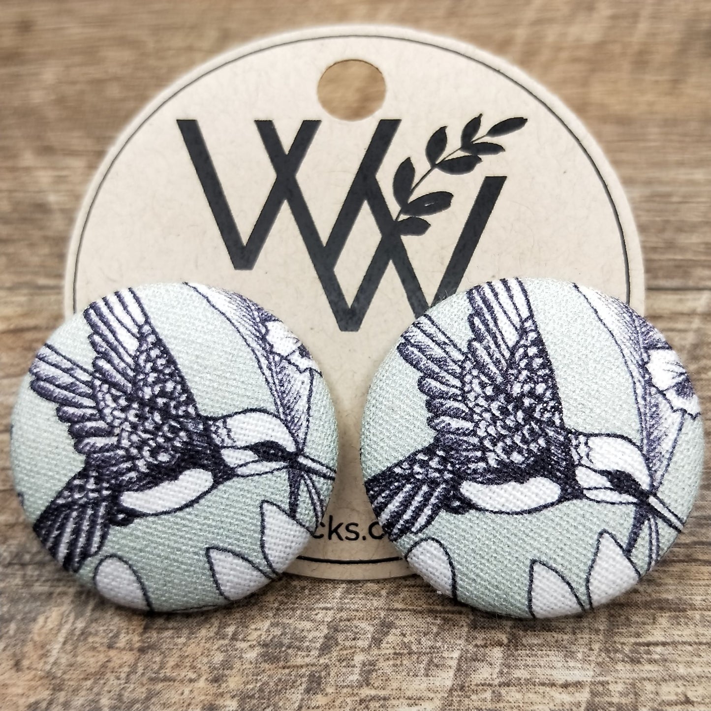 Wildears Fabric Covered Button Earrings Hummingbird 27mm