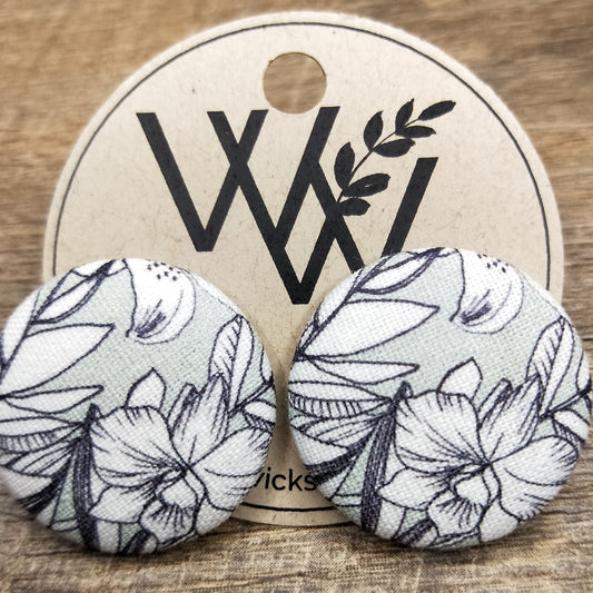 Wildears Fabric Covered Button Earrings Floral 27mm