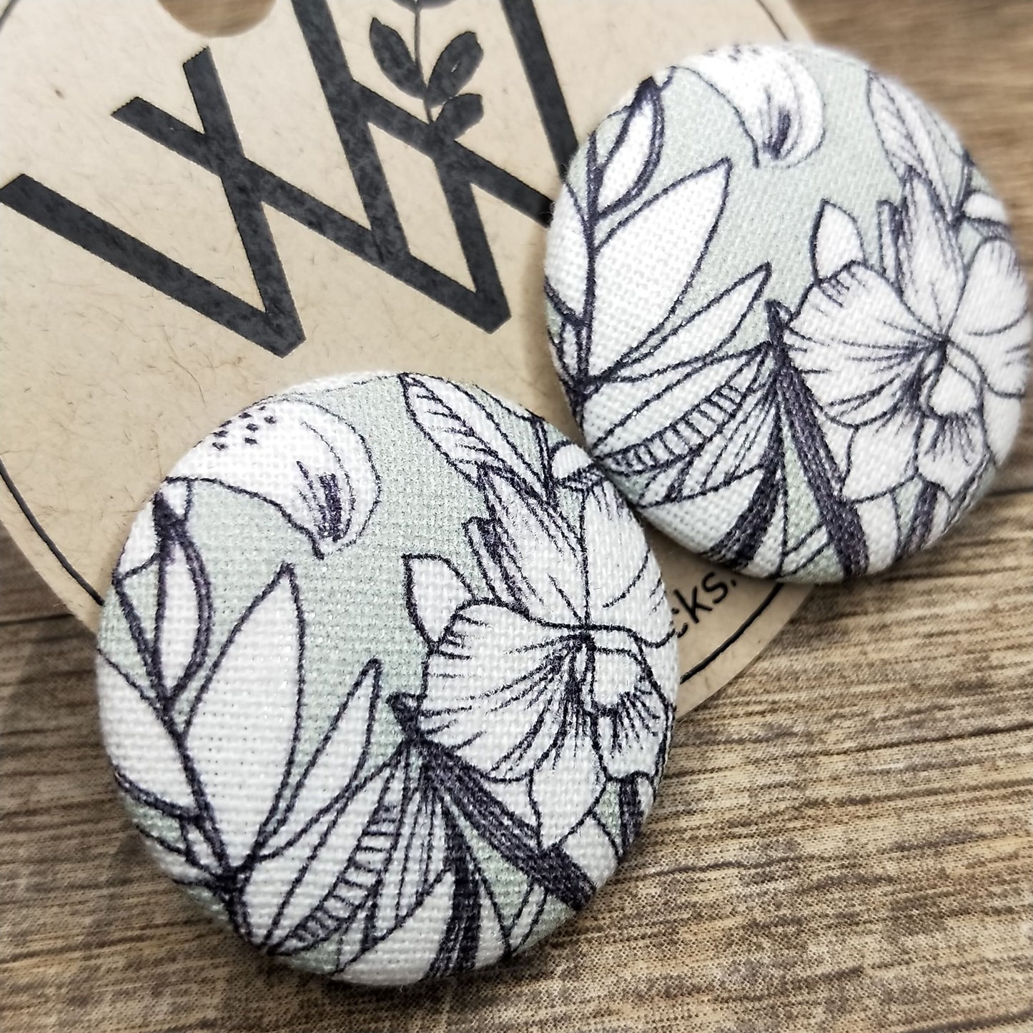 Wildears Fabric Covered Button Earrings Floral 27mm