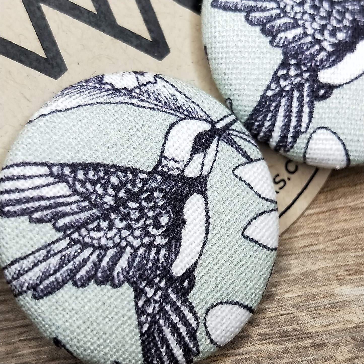 Wildears Fabric Covered Button Earrings Hummingbird 27mm