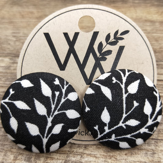 Wildears Fabric Covered Button Earrings Black and White Leaf 27mm