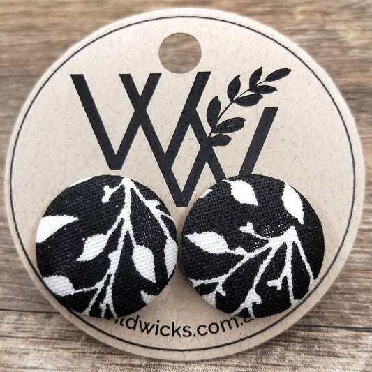 Wildears Fabric Covered Button Earrings Black and White Leaf 19mm
