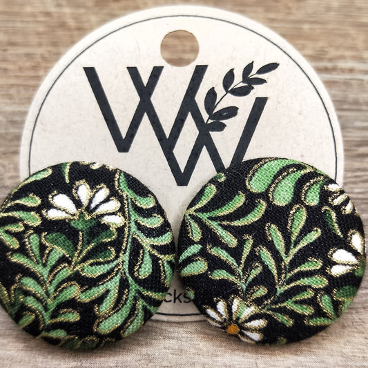 Wildears Fabric Covered Button Earrings Daisy Vine 27mm