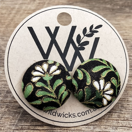 Wildears Fabric Covered Button Earrings Daisy Vine 19mm