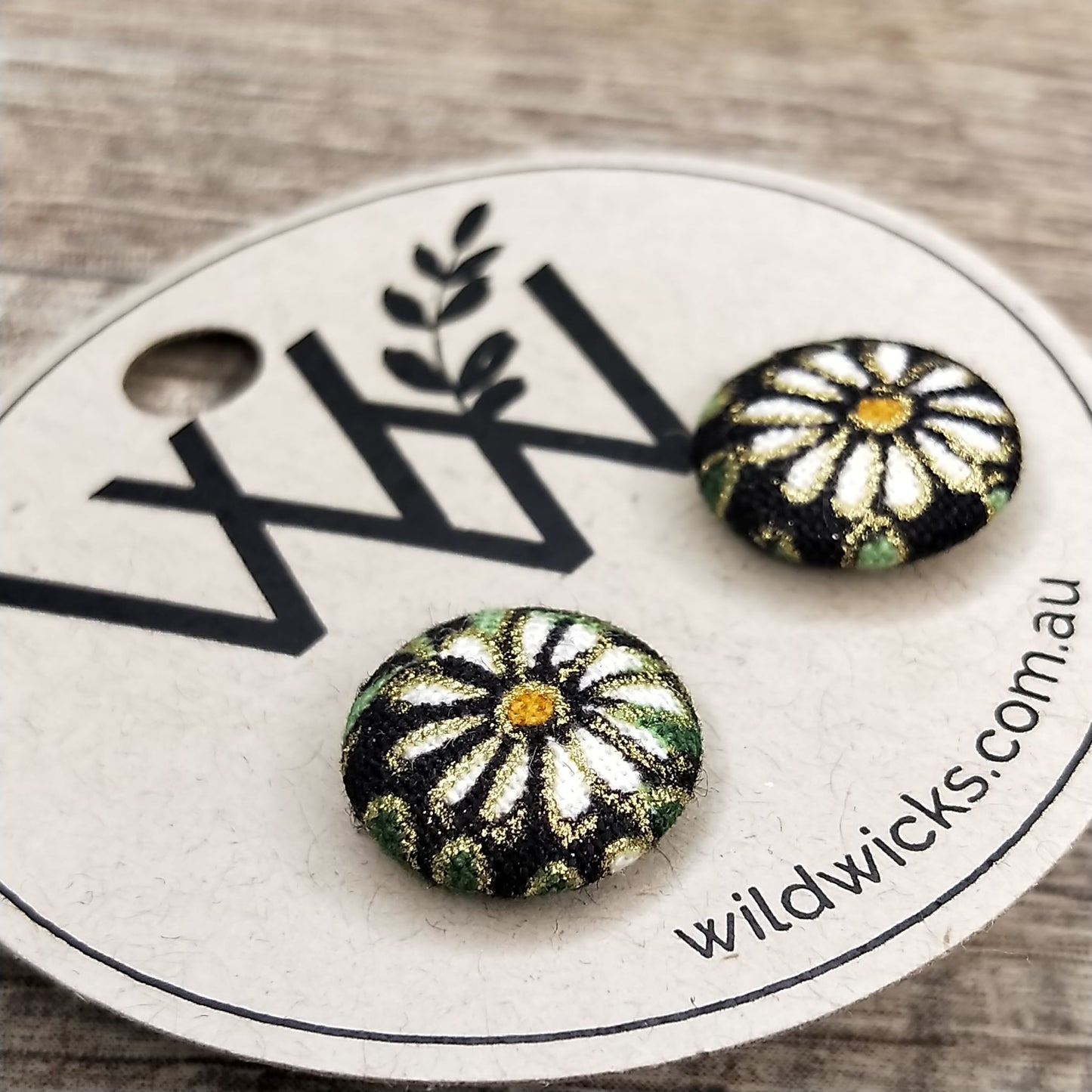 Wildears Fabric Covered Button Earrings Daisy Vine 12mm