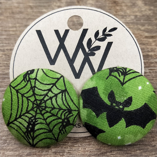 Wildears Fabric Covered Button Earrings Halloween Green Bats and Spiders 27mm
