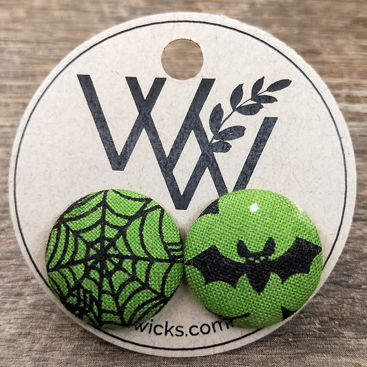 Wildears Fabric Covered Button Earrings Halloween Green Bats and Spiders 19mm